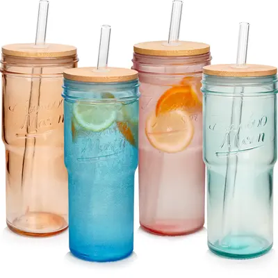 Mason Jar Inspired Glass Cups with Lids and Straws | Set of 4 for Cups | Christmas Gifts for Women |Travel Coffee Mugs | Idea...