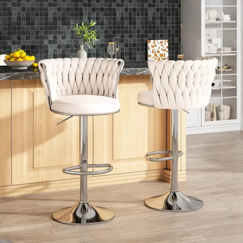 AWQM Velvet Bar Stools Set of 2, Modern Swivel Bar Chairs with Adjustable Height, Upholstered Kitchen Island Chairs, Beige, B...