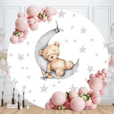 Aperturee Grey Bear And Moon Star Round Baby Shower Backdrop
