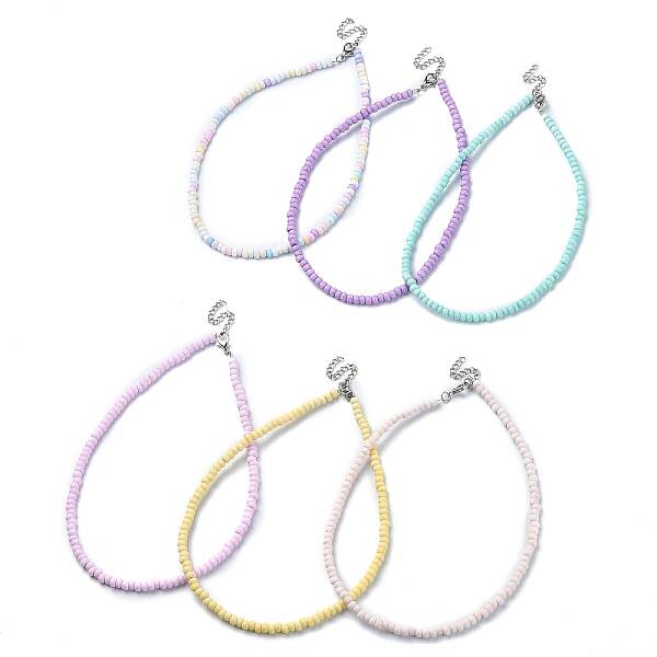 6Pcs 6 Color Glass Seed Beaded Necklaces Set with 304 Stainless Steel Clasps