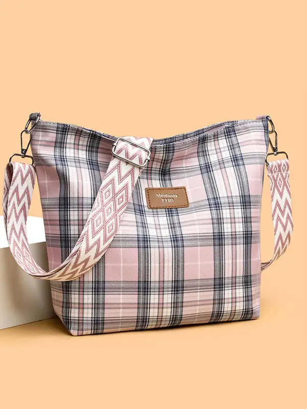 Women's Fashionable Plaid Pattern Crossbody Bag, Casual Versatile Letter Label Decorated Shoulder Bag for Daily Commute & Tra...