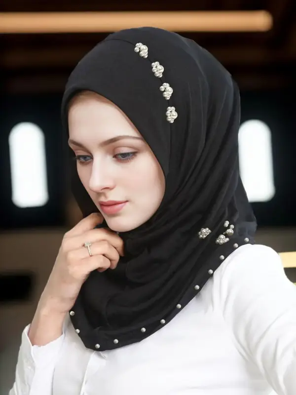 Women's Elegant Faux Pearl Decor Instant Hijab, Exquisite Trendy Instant Hijab, Fashionable Clothes Accessories for Daily & P...