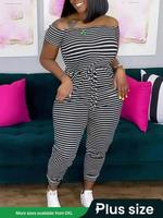 【Plus Size】 Striped Print Pocket Tee Jumpsuit, Casual Tie Front Raglan Sleeve Jumpsuit for Summer, Women's Clothes for D...