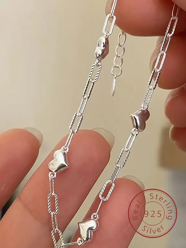 S925 Sterling Silver Simple Heart Design Chain Bracelet, Valentine's Gifts for Her, Silver Jewelry, Fashion Jewelry for Party...