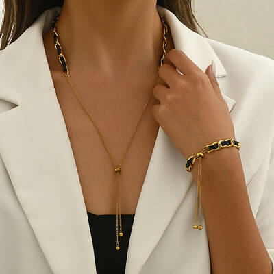 Stylish Vintage PU Leather & Stainless Steel Chain Lariat Necklace and Bracelet Set for Women