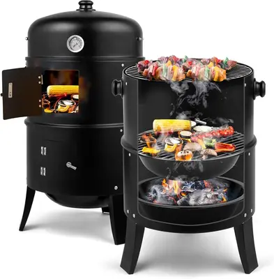 VINGLI 18 Inch Multi-Layer Charcoal BBQ Smoker Grill, Heavy Duty Round Charcoal BBQ Grill for Outdoor Vertical Steel Charcoal...