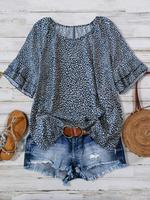 【Plus Size】All Over Print Ruffle Layered Sleeve Blouse, Casual Short Sleeve Round Neck Top for Daily Wear, Women's Plus C...