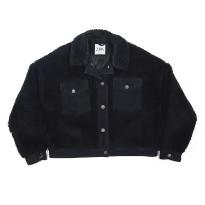 ZARA Teddy Fleece Sherpa Lined Fleece Jacket Black Womens S