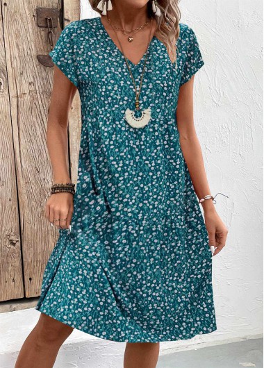 Modlily Turquoise Patchwork Floral Print A Line Short Sleeve Dress - S