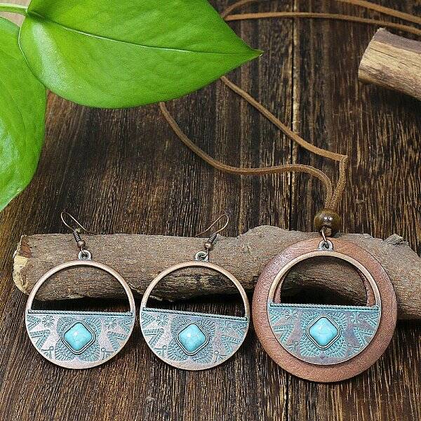 Bohemian Alloy & Wood Pendant Necklaces & Dangle Earrings Sets