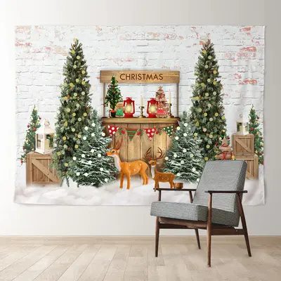 Aperturee White Brick Wall Deer Tree Christmas Backdrop