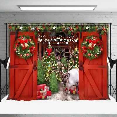 Aperturee Reindeer At The Mahogany Door Christmas Backdrop