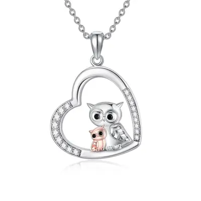 Sterling Silver Two-tone Cubic Zirconia Owl & Heart Pendant Necklace