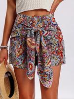 Women's Paisley Print Tie Front Shorts, Boho Casual High Waist Shorts for Spring & Fall, Summer Shorts, Women's Bottoms for D...