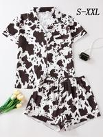 Women's Cow Print Notched Neck Crop Shirt & Shorts Pajama Two-piece Set, Elegant Comfy Short Sleeve Top & Shorts Pj Set, Ladi...