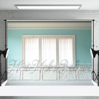 Teal Room Window White Trim Retro Wall Backdrop - Aperturee