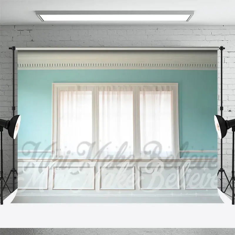 Teal Room Window White Trim Retro Wall Backdrop - Aperturee
