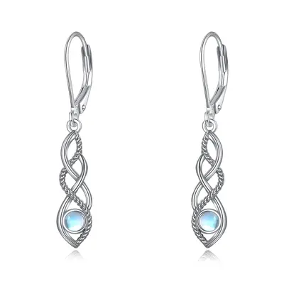 Sterling Silver Circular Shaped Moonstone Celtic Knot Lever-back Earrings