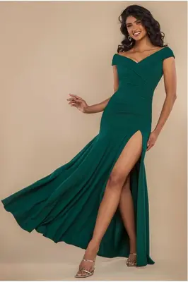 Goddiva Scuba Crepe Off Shoulder Front Split Maxi Dress - Emerald Green