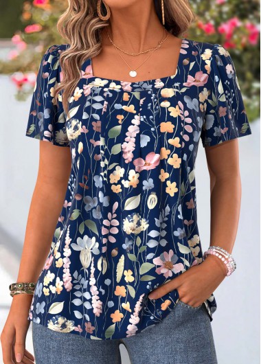 Modlily Navy Floral Print Tummy Coverage Short Sleeve T Shirt - M