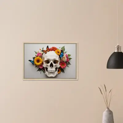 Life and Death - Skull with Vibrant Flowers and Butterflies