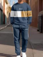 Men's Patchwork Letter Print Crewneck Sweatshirt & Sweatpants Set, Casual Sporty Breathable Round Neck Long Sleeve Pullover &...