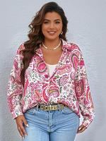 【Plus Size】 All Over Print Button Front Shirt, Casual Long Sleeve Collared Top for Summer, Women's Clothes for Daily Wea...