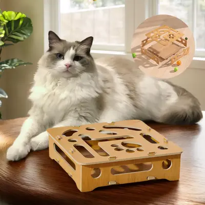 Interactive Cat Maze Box Toy, 5-Sided Track Design with Bells, Easy Assembly Wooden Puzzle Toy