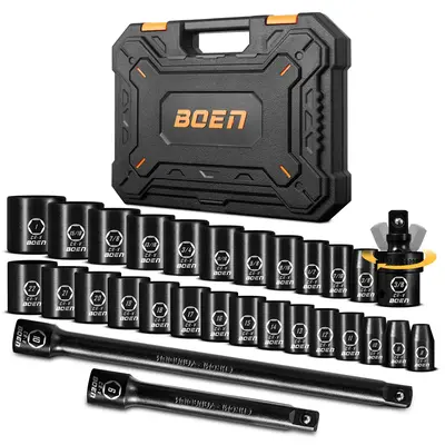 BOEN 3/8 inch Drive Cr-V Impact Socket Set, 29 Pcs Shallow Socket Set SAE 3/8\