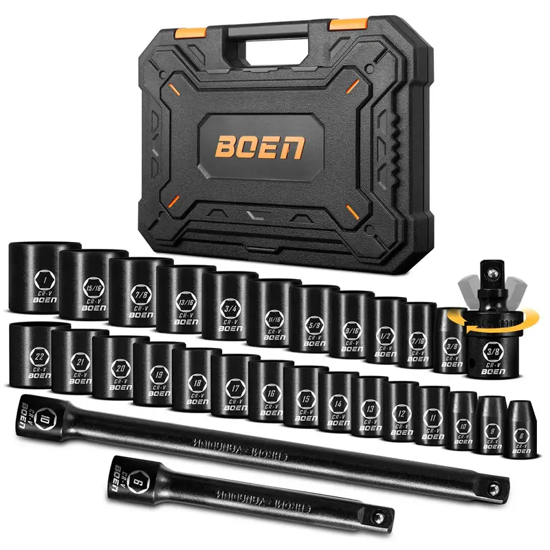 BOEN 3/8 inch Drive Cr-V Impact Socket Set, 29 Pcs Shallow Socket Set SAE 3/8\
