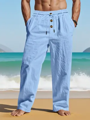 Men's solid - color linen straight - leg pants, drawstring - waist casual long pants with pocket design, loose - fitting wide...