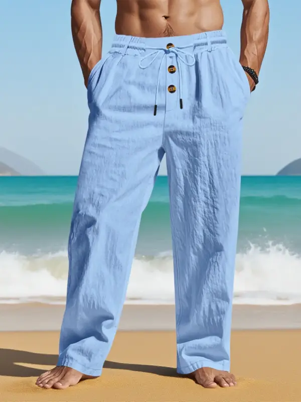 Men's solid - color linen straight - leg pants, drawstring - waist casual long pants with pocket design, loose - fitting wide...