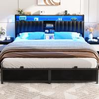 Aheaplus Bed Frame with Bookcase Headboard and LED Light,Upholstered Platform LED Bed Frame with Charging Station, USB Ports,...