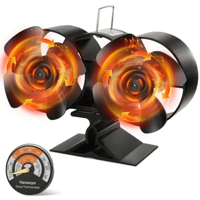 Dual Motor Enhanced Heat Distribution Stove Fan, Quiet Operation Environmental Fan with Thermometer, Outdoor Fireplace Access...
