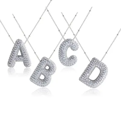 Trendy Silver Plated Initial Bubble Letter Necklace, Rhinestone Decor Personalized Jewelry Gift for Women Men