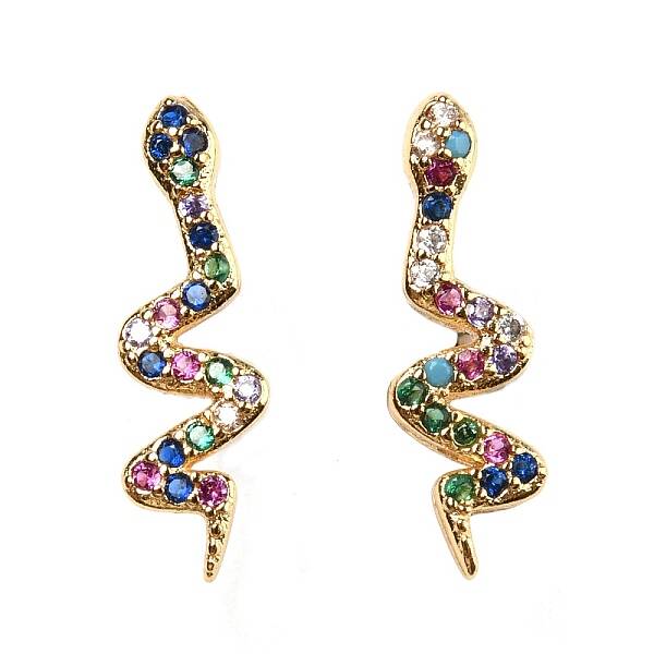 Left and Right Rack Plating Brass Snake Stud Earrings with Cubic Zirconia