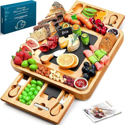Easoger Large Bamboo Charcuterie Board with 2 Drawers, Knife, and Bowls for Serving and Entertaining