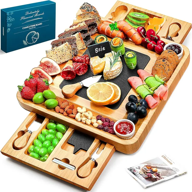 Easoger Large Bamboo Charcuterie Board with 2 Drawers, Knife, and Bowls for Serving and Entertaining