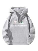 Men's Regular Fit Letter Print Half Zip Up Hoodie, Casual Drop Shoulder Long Sleeve Hooded Sweatshirt for Fall & Winter, Fash...