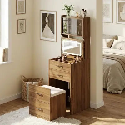 Garvee 3 in 1 Vanity Desk with Hidden Storage Chair, Compact Makeup Table Set with 3 Color LED Mirror, Charger Station, Drawe...