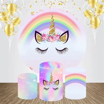 Rainbow Unicorn Glitter Round Birthday Backdrop Kit - Aperturee