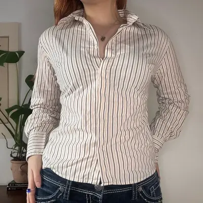 Project Classico Striped Shirt - Small Beige Cotton