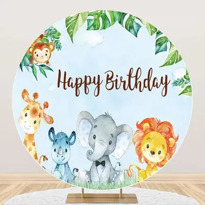 Blue Sky Monstera Animals Round Birthday Backdrop - Aperturee