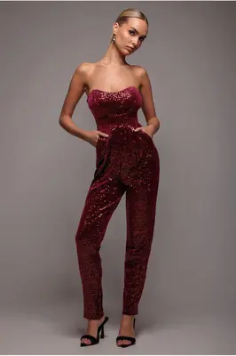 Goddiva Sequin & Velvet Corset Romper - Wine