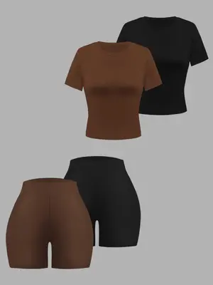 Four-piece Set Women's Solid Round Neck Tee & Elastic Waist Shorts Set, Fall Outfits 2024 Sets, Back To School Outfits, Casua...