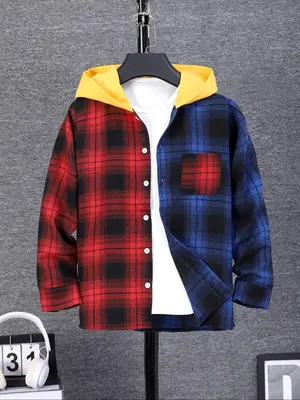 Boy's Tartan Print Button Front Hooded Jacket, Casual Long Sleeve Pocket Outerwear for Fall & Winter, Kids Clothes for Daily ...