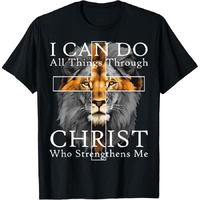 Mens T-Shirt  Strong Lion With Cross Christian Faith Inspirational T-Shirt