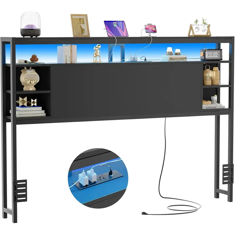 Cyclysio Queen Size Headboard with Power Outlets and RGB LED Light, Sturdy Headboard for Full Size Bed with Storage Shelves, ...