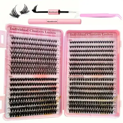 Mixed Length Individual Cluster Lashes with 2 in 1 Glue & Tweezers, 1 Set Curling Strip Lashes, Natural Curl False Eyelashes ...