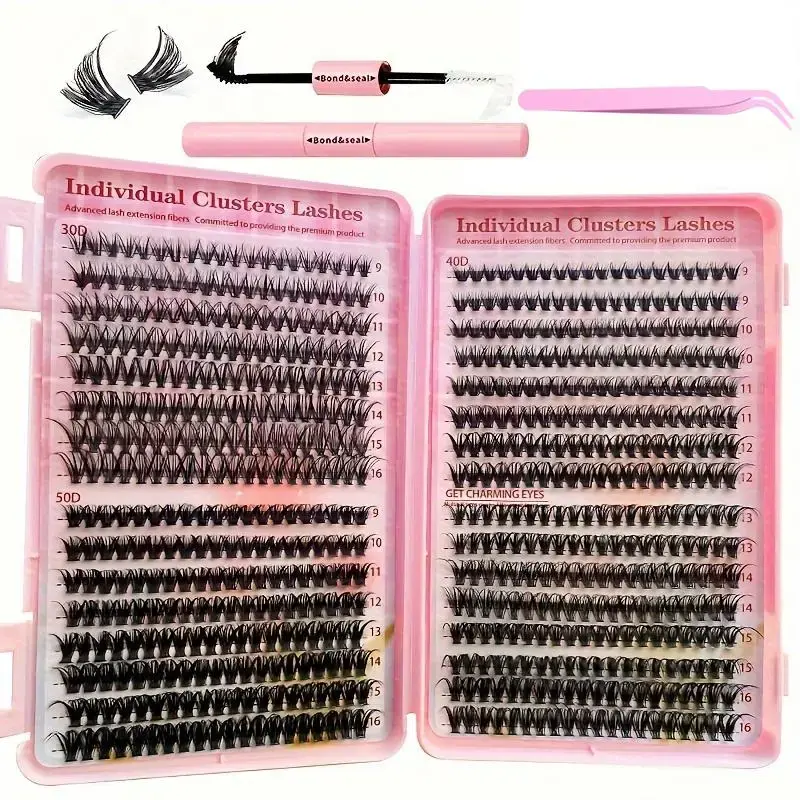 Mixed Length Individual Cluster Lashes with 2 in 1 Glue & Tweezers, 1 Set Curling Strip Lashes, Natural Curl False Eyelashes ...